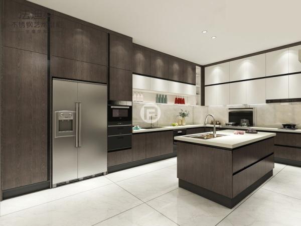 Buy cheap Modern Dark Wood Texture Stainless Steel Kitchen Cabinets With Contrasting Colors Design from wholesalers