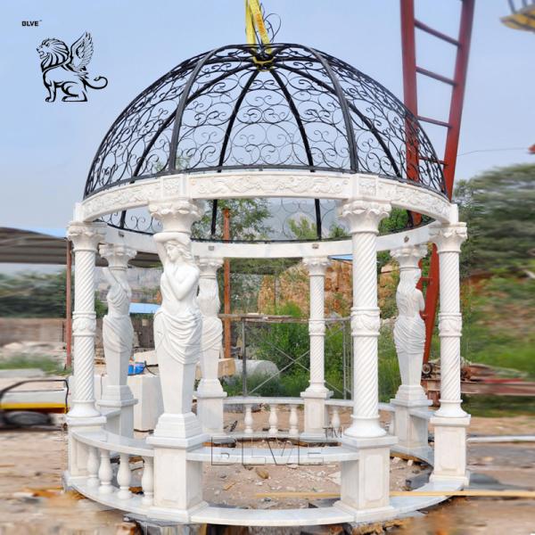 Large Marble Gazebo Woman Statues Garden Pavilion Metal Roof Hand Carved Outdoor