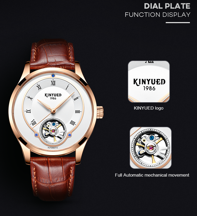 KINYUED tourbillon mens automatic watch skeleton mechanical water resistant watch men wristwatch