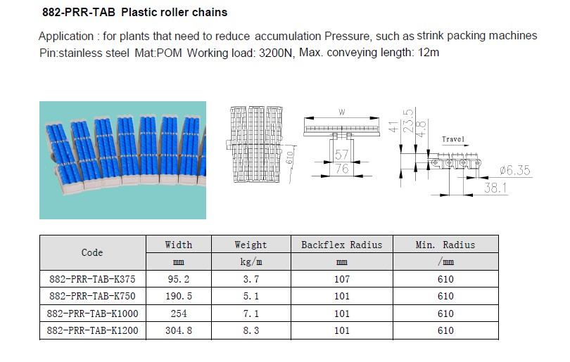 Plastic roller chains table top LBP chains Low Back Pressure Chain