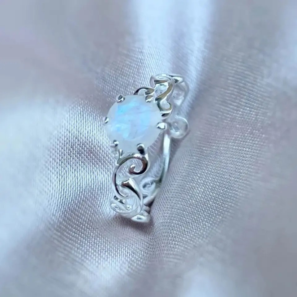 925 Sterling Silver Vine Manufacturer Round Cut Rainbow Moonstone Engagement Ring Wholesale Women Jewelry Rings