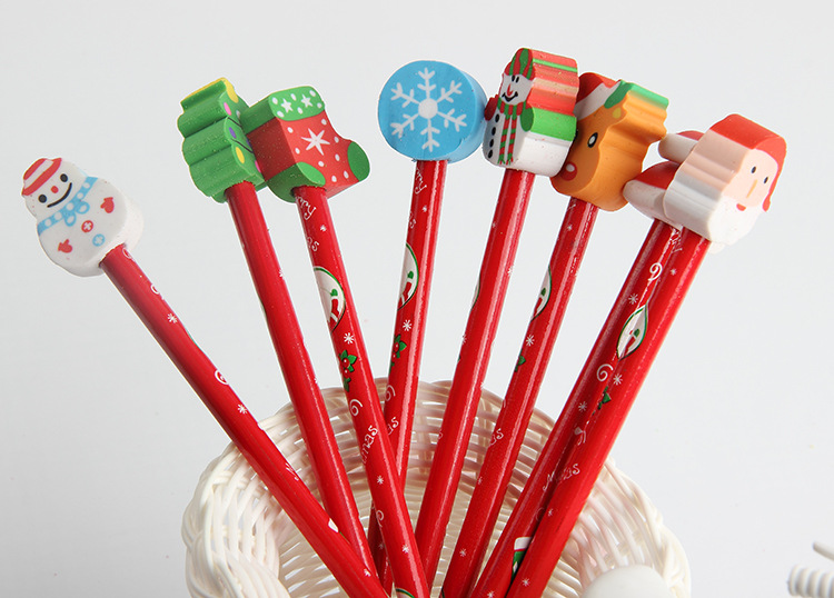 Children School Supplies Christmas Cartoon Eraser Pencil Set with Red Wood Pencils
