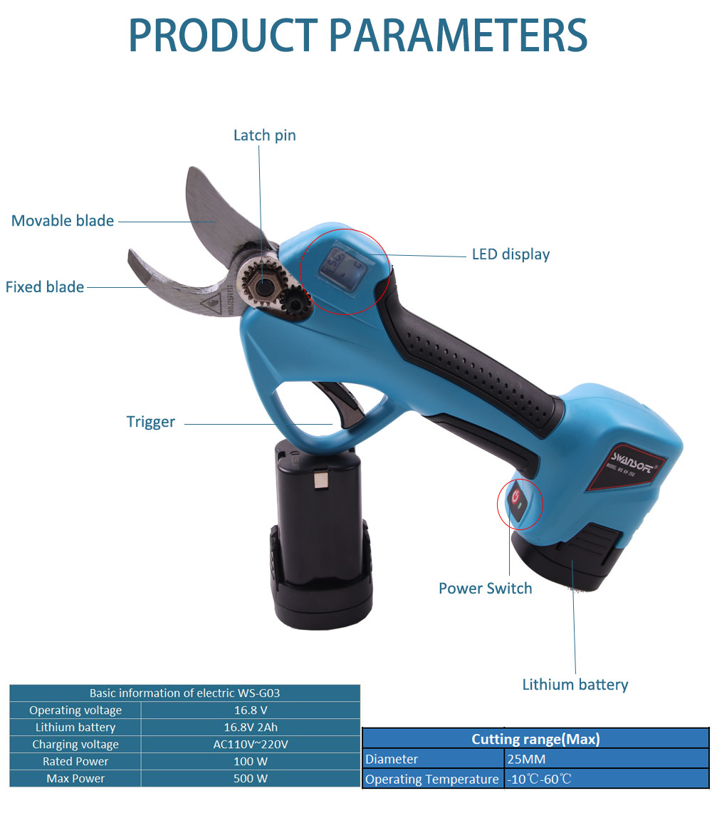 Swansoft LED Display 2.5CM Li-ion battery powered orchard scissors pruner with 2 batteries