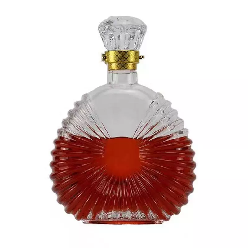 Glass Flat Round Fan Shaped Xo Brandy Bottle Clear White Wave Surface Spirits Liquor Bottle with Cork