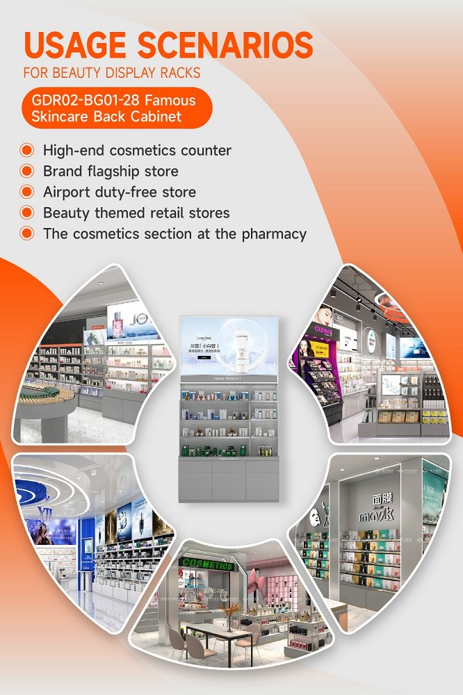 GDR02-BG01-28 Skincare Display Cabinet with 60mm Soft Film Light Box and Flash Silver Wallpaper for Fashion Boutiques