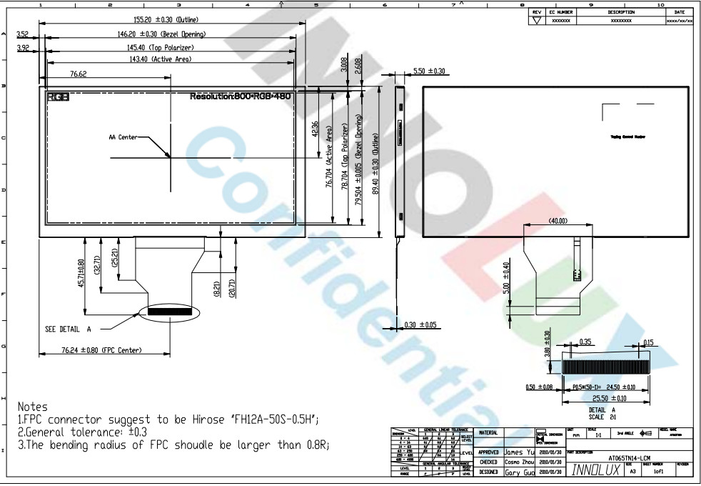 NTSC TFT Lcd Panel Module Innolux 262K 6.5 Inch 800X480 Anti Glare