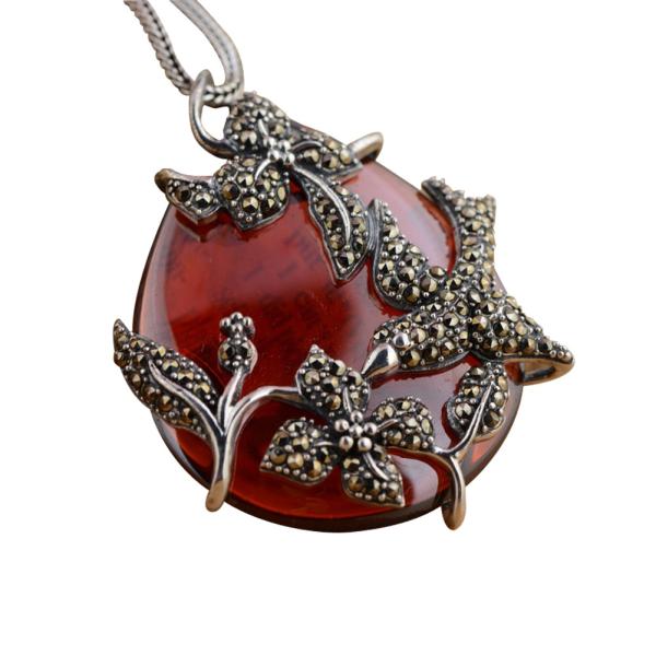 Buy cheap Sterling Silver Vintage Red Agate Marcasite Charm Pendant Necklace (N808070) from wholesalers