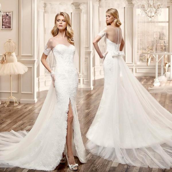 New Arrival Romantic White Mermaid Wedding Dresses Perspective Lace Slim Waist