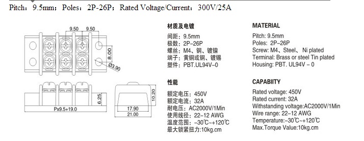 Connecting Wire Barrier Terminal Blocks RD49 Pin 49 Pitch 9.5 Barrier