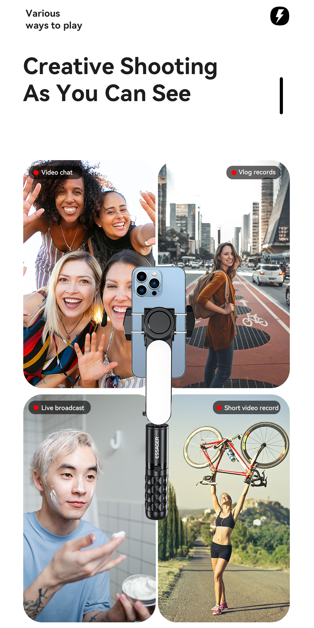Essager 2022 Yunxiang Single-axis Gimbal Stabilizer Phone Holder With LED Fill Light Handheld Mobile Phone Stand