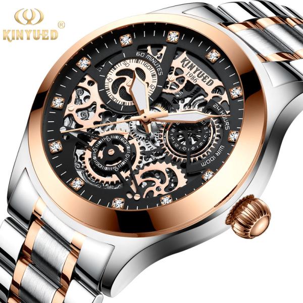 Buy cheap KINYUED oem waterproof custom logo leather fashion tourbillon skeleton wrist watch luxury automatic watches mens watch from wholesalers