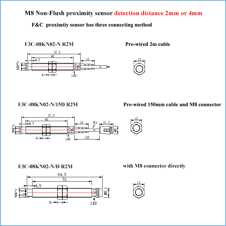 12V Non-Flush 2 Wire Inductive Proximity Sensor 2mm Sensing Normal Open