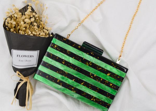 Pearl Gold Foil Acrylic Clutch Bag Light Green And Black Color With Splicing