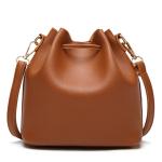 Crossbody Brown Macrame PU Leather Drawstring Bucket Bag