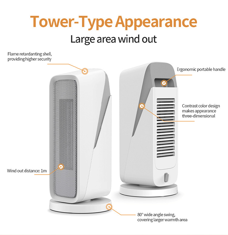 Ergonomic Portable Handle PTC Heater Fan Tower Type Large Area Wind Out