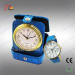 Elegant classic travel PU leather desk clock and watch gift set for promotion