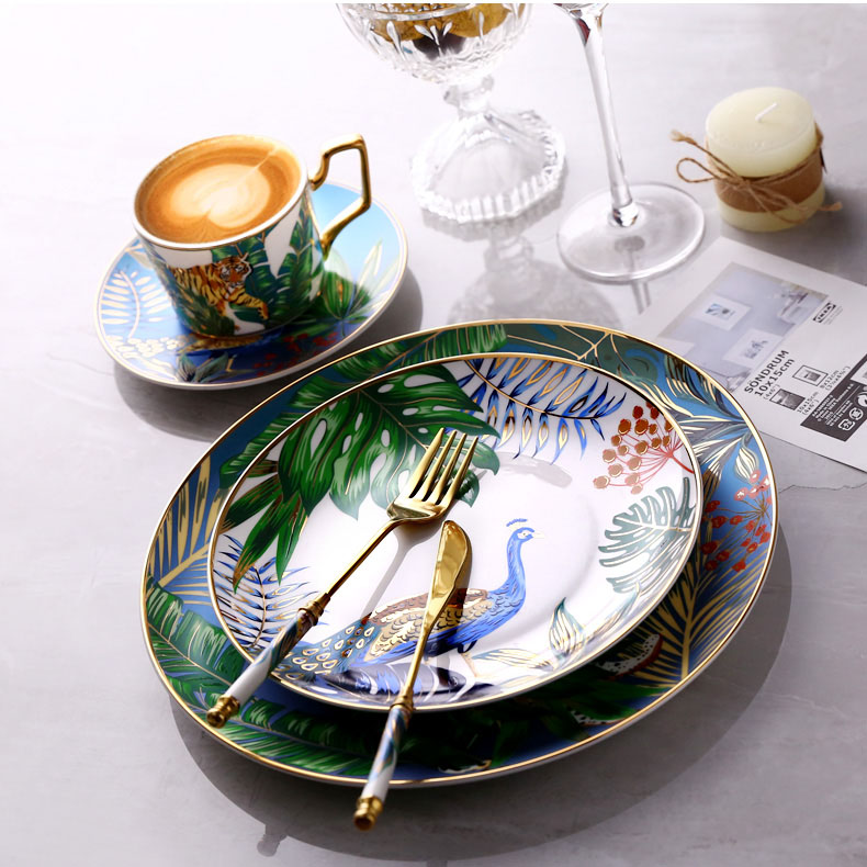 Jungle Animal Pattern Ceramic Plate Set Round European Style For Home Party