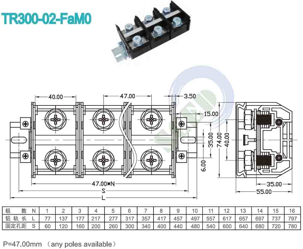 PCB Panel Mount Terminal Block 47.00mm 600V 300A PC Black Screw Terminal Connector