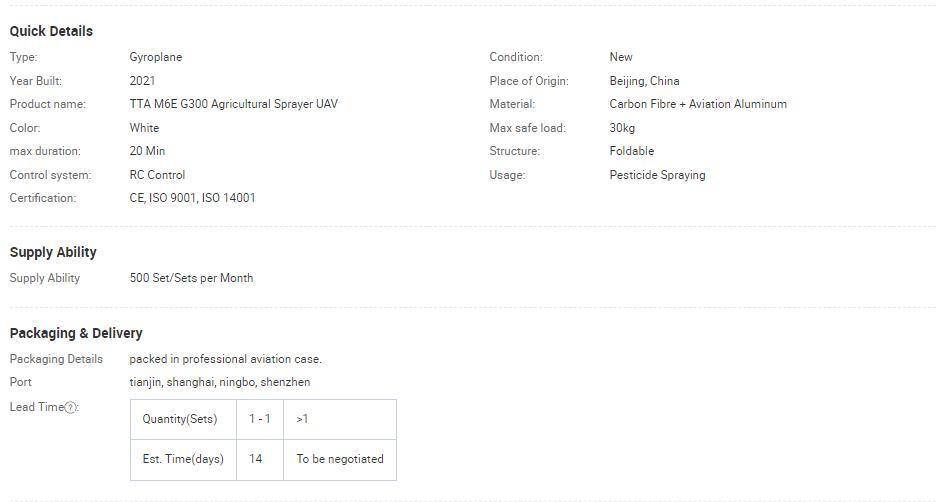 Tta M6e G300 Six - Axis Agriculture Sprayer Drone 30L Drone Agriculture Sprayer From Tta Factory