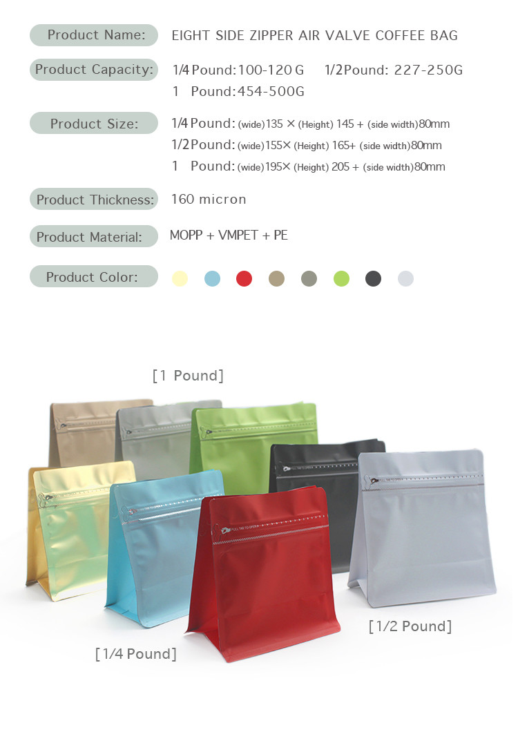 Resealable Lock Coffee Packaging Bags With Degassing Valve And Zipper