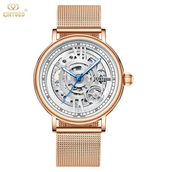 Buy cheap KINYUED J069 skeleton luxury leather waterproof quartz oem brand hands wristwatches custom logo wrist mens watch montre from wholesalers