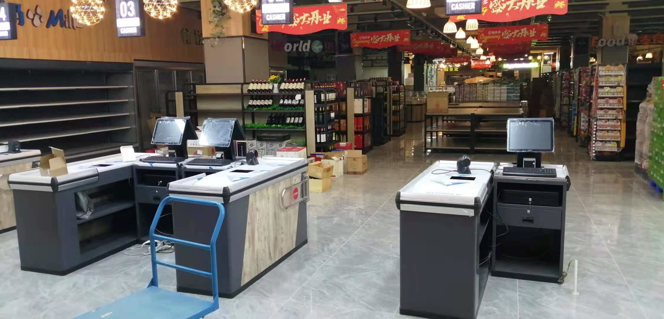 Stainless Steel Supermarket Cash Counter Table Wooden Grain Color