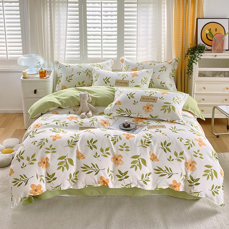 Plant Pattern Cotton Brushed Bedding Set for 2.2m 7 feet Bed Simple Design