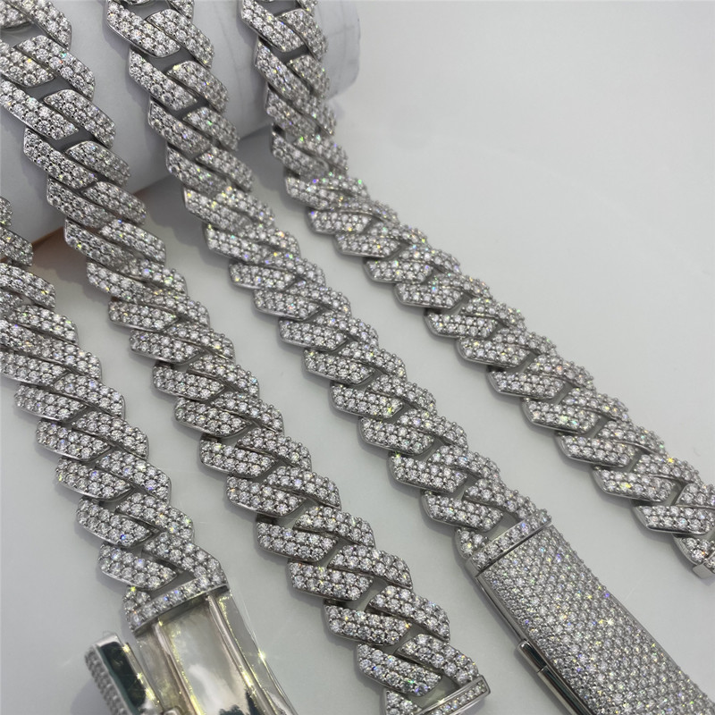 Hip Hop Miami Cuban Link Chain 15mm VVS Moissanite Sterling Silve Cuban Link Necklace
