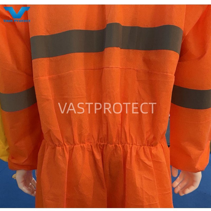 Type5&6 Orange Disposable SMS 56GSM Tyvek Coverall with Reflective Tape