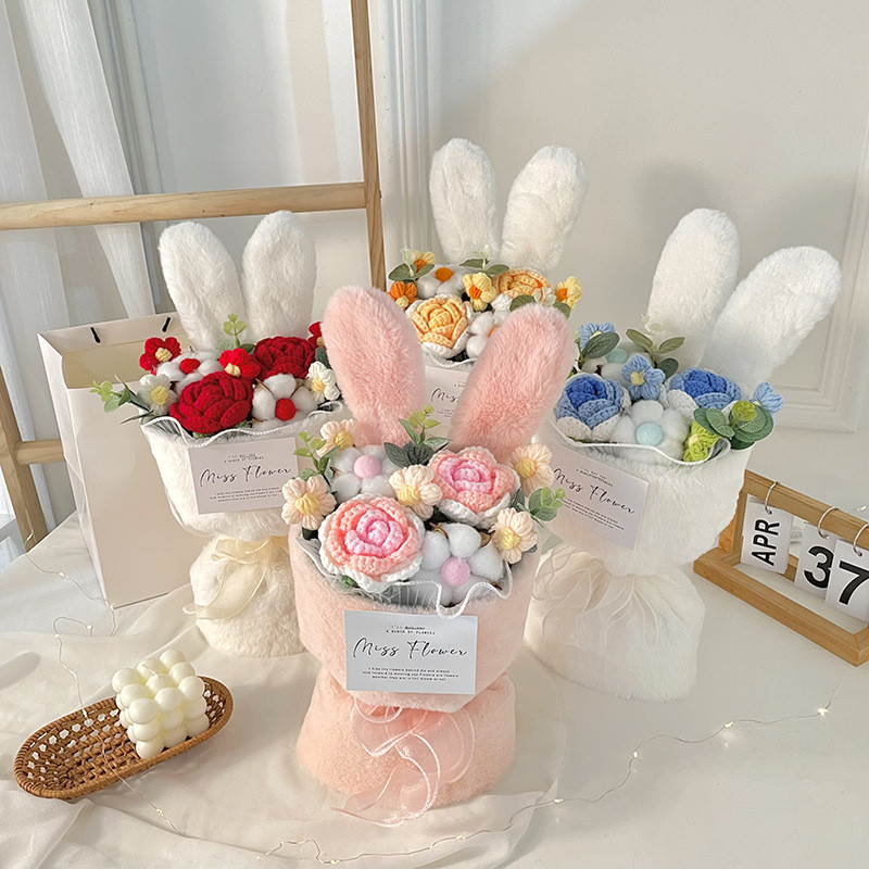Cute Knitted Plush Rabbit Ears Bouquet Small Fragrance Style Qixi Graduation Season With Light Hand Bouquet Girlfriend Birthday Gift