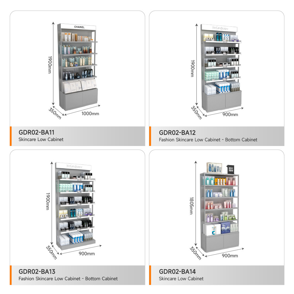 Retail Store Shelf Grey Wooden Display Cabinet With Led Lights For Customized Store Design And Branding Store Cabinet