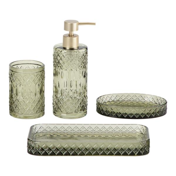 Glass Bathroom Accessories Set Green Color Round Shape Diamond Pattern Soap