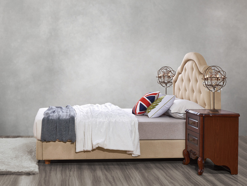 Leather / Fabric Upholstered Headboard Bed for Hotel Bedroom interior Furniture with Wooden nighstand in Cheap price