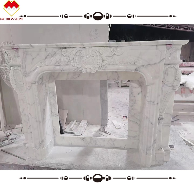 Villa Modern Design Carved Italian Arabescato Corchia White Marble Fireplace Customized