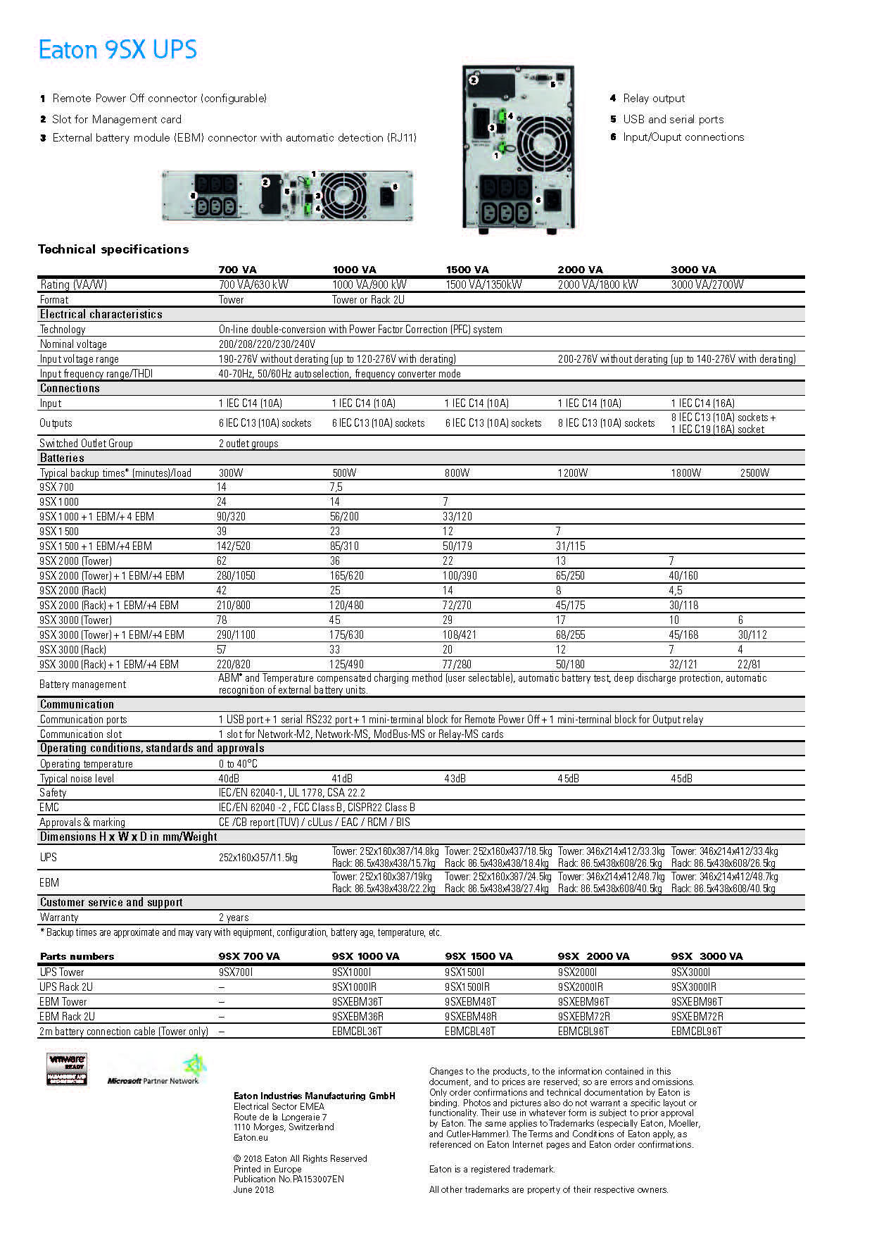Eaton 9SX 700VA/630W 220V 240V Double Conversion Tower UPS with 8 pcs 12V 9Ah Battery