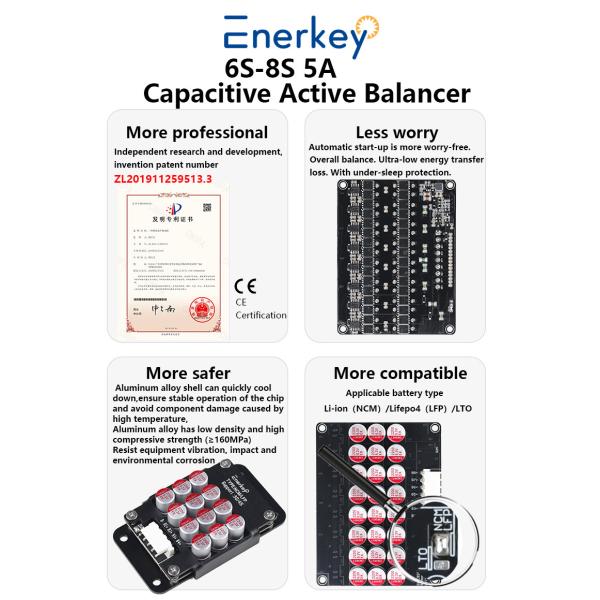 Enerkey 5A 6S 7S 8S Active Balancer with Aluminum Shell Li-ion/Lto/Lifepo4 Battery Equalizer for Outdoor Power Storage