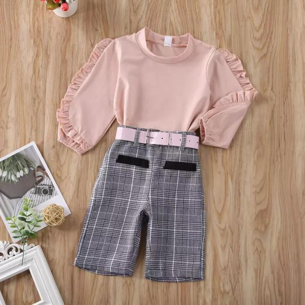 Srping And Autumn New Children's Outfit Sets Pink Long-Sleeved Wooden Ear T