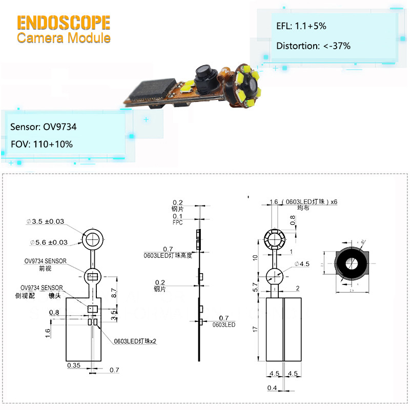 OV9734 USB Medical Imaging Endoscope Dual Camera Module with LEDs