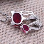 Women Sterling Silver Marcasite Synthetic Ruby Double Fox Retro Necklace
