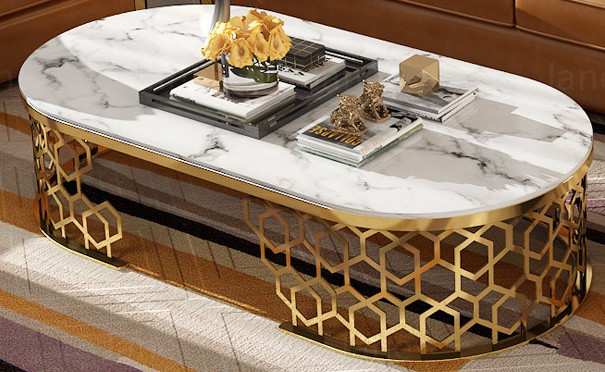 Upscale Marble Oval Shaped White Coffee Table For Living Room