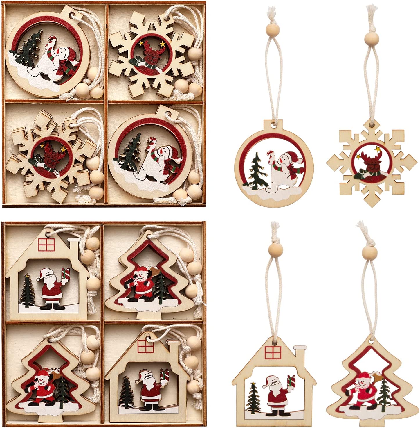 Wooden Christmas Ornaments Set DIY Wood Christmas Hanging Decoration with Ropes