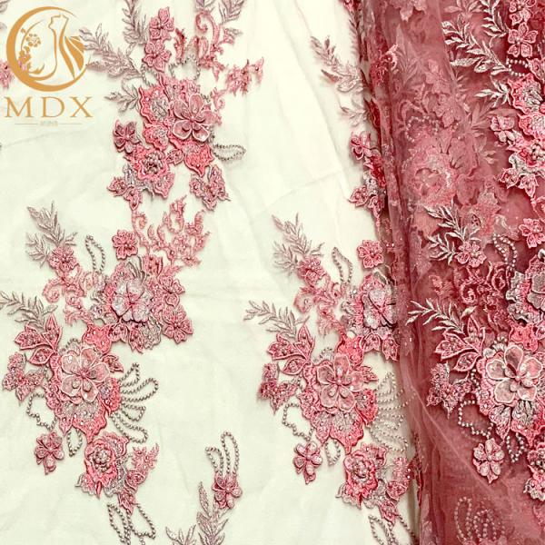 Buy cheap French Tulle Net Lace Fabric Pink 3D Flowers Embroidery For Party Dress from wholesalers