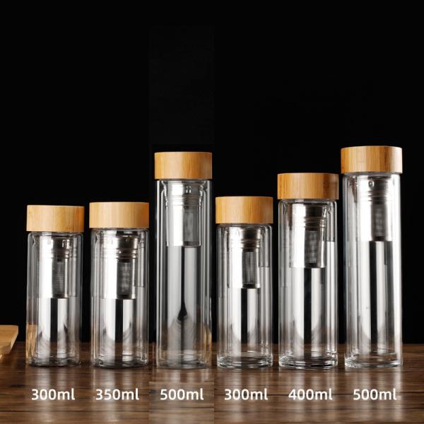 Buy cheap Custom Logo Leak Proof Double Wall Tea Infuser Bottle Double Insulated Glass Water Bottle With Bamboo Lid 350ml/400ml/450ml Reusable Eco Friendly from wholesalers