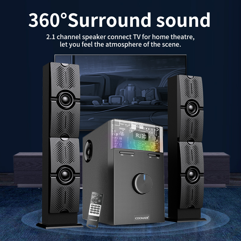 Home Kit Multimedia Computer RGB Speaker 2.1 Subwoofer with ABS Plastic MDF Wooden Box
