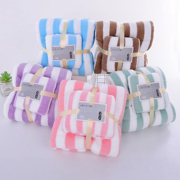 Two-piece Absorbent Coral Fleece Bath Towel Set for in Pink Blue Green Purple or