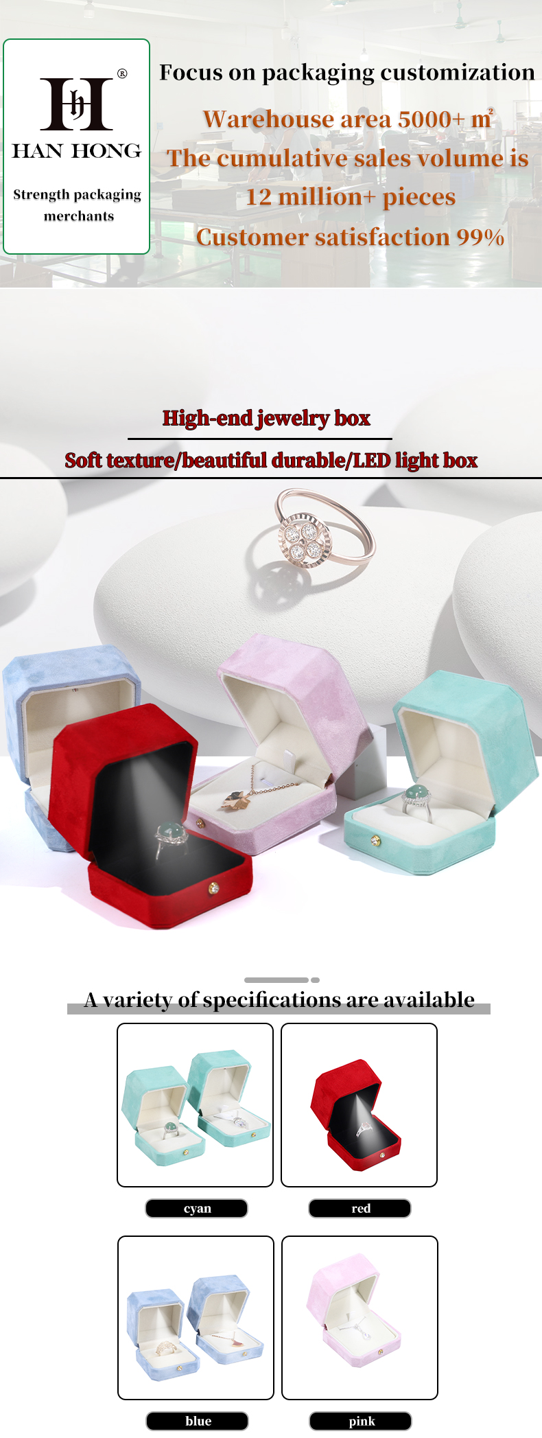 Customer's Logo Blue Octagonal Flannel Gold Buckle Jewelry Box for LED Jewelry Ring Box