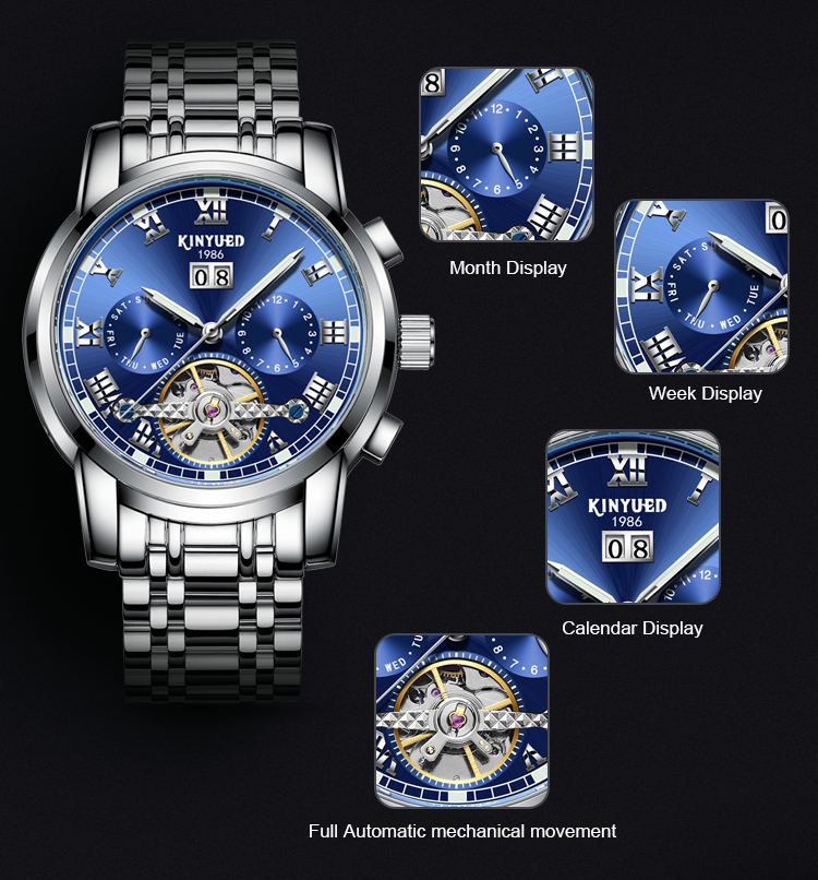 KINYUED tourbillon mechanical watch men oem waterproof stainless steel back automatic wristwatch