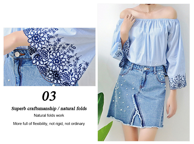 Fashionable Floral Off Shoulder Ladies Denim Top , Off Crop Sexy Denim Blouse