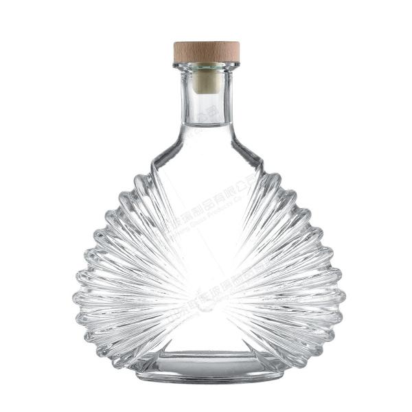 Clear Glass Bottle with Cork 750ml 1000ml Flat Carved Artistic Base Material