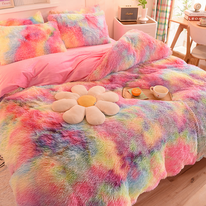 Modern Style Rainbow Color Shaggy Mink Velvet Crystal Velvet Bedding Duvet Cover Sets